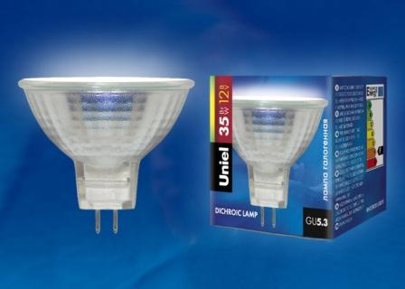 Лампа галогенная низковольтная софит 00482 12V, GU5.3 35W. Uniel MR16 00482
