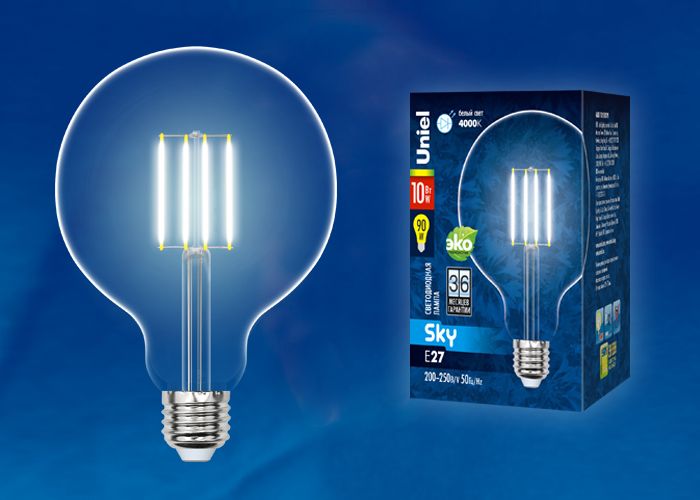Светодиодная лампа "Шар d125" . E27, 10W, 250V, 4000K. Uniel Sky Filament UL-00004859
