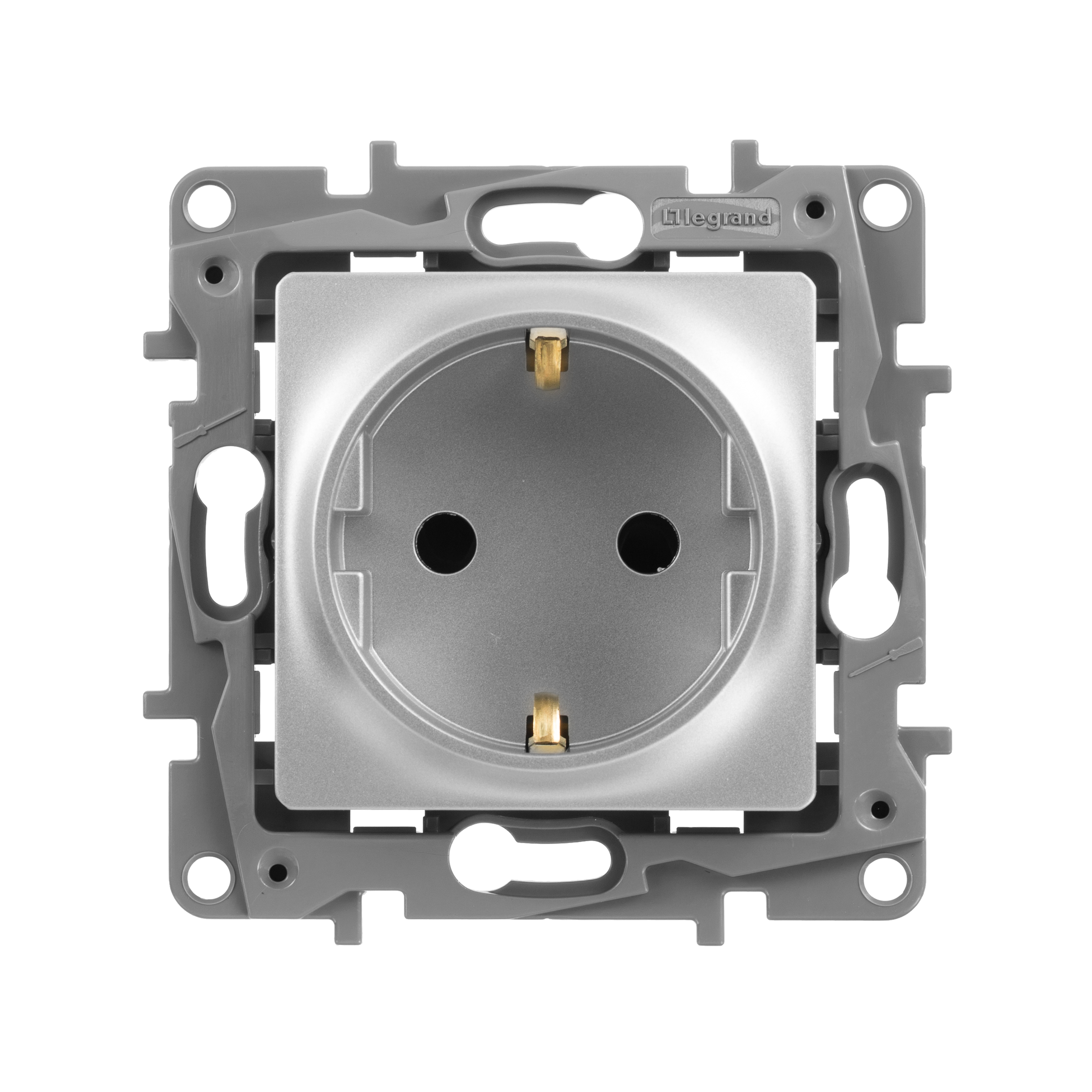 672422. Legrand. Etika (Алюминий). Розетка 2К+З с заземлением, со шторками, 16A, встраиваемый монтаж