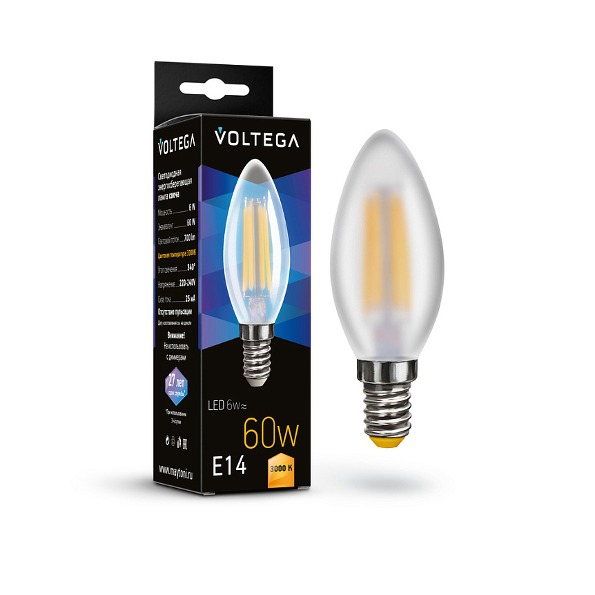 Светодиодная лампа "Свеча" . E14, 6W, 240V, 3000K. Voltega 7207
