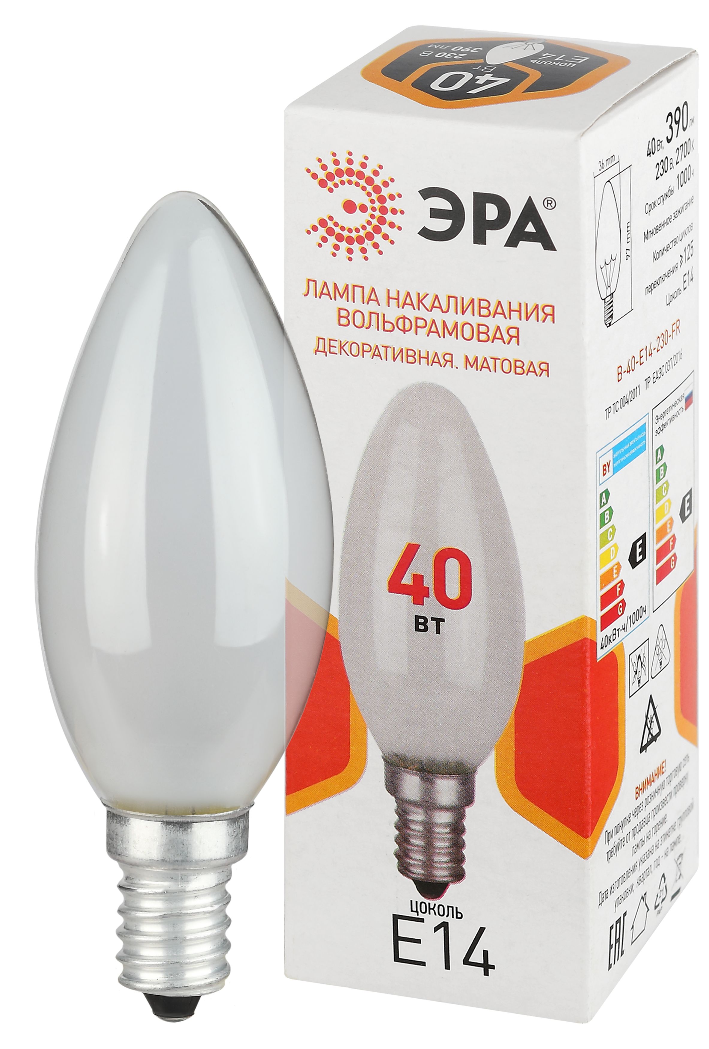 Лампа накаливания "Свеча (B)" . E14, 40W, 230V, Эра B36 Б0066378