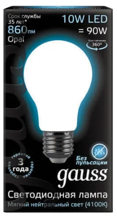 Светодиодная лампа "ЛОН A60" . E27, 10W, 220V, 4100K. Gauss 102202210