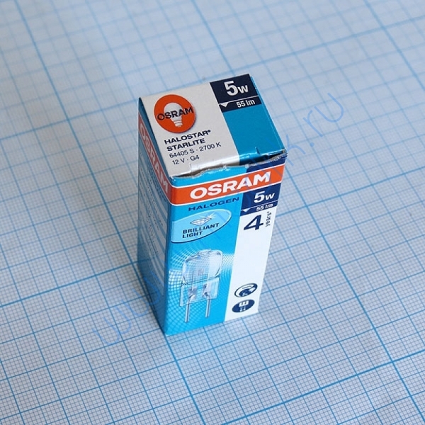 Лампа галогенная низковольтная Капсула Прозрачная 12V, G4 5W. Osram Starlite 64405S