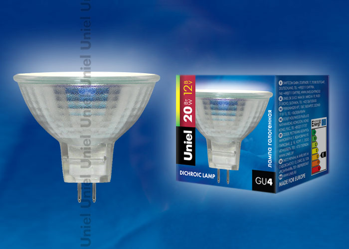 Лампа галогенная низковольтная софит 12V, GU4 20W. Uniel MR11 01657
